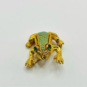 Vintage signed DeNicola faux turquoise green rhinestone Frog pin Brooch figural
